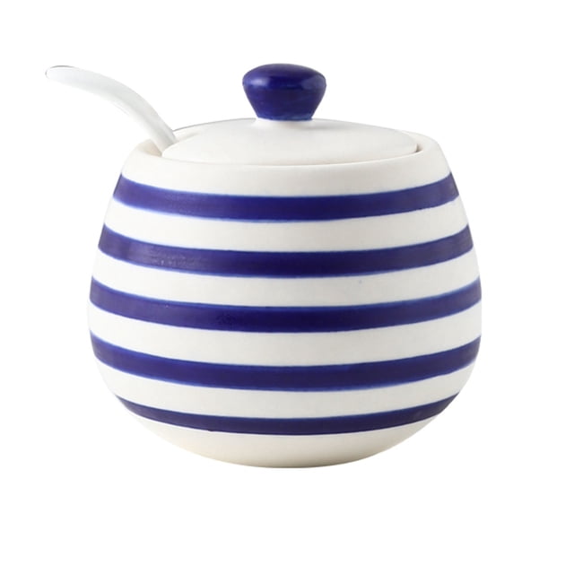 Blue Stripes Sugar Bowl With Lid, Kitchen Decoration Sugar Pot, Sugar Container Spice Jar-Blue 1-1