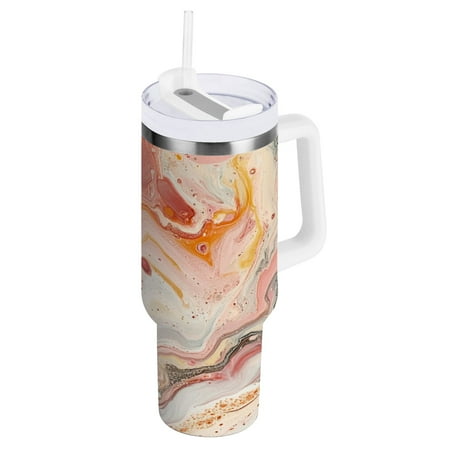 

40oz Travel Mug with Straw Car Bottle Insulated Mug with Handle Reusable Stainless Steel Water Bottle for Car Travel Home Flesh Pink Marbled