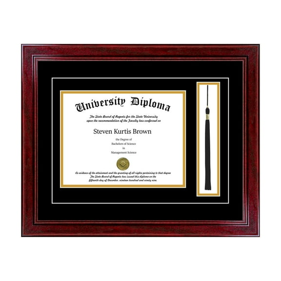 Single Diploma Frame with Tassel and Double Matting for 8.5" x 11" Tall Diploma with Cherry 1.5" Frame