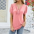 thumbnail image 4 of MIUOWANP Women's Shirts V-Neck Short Sleeve Cotton Tops T-Shirt Basic Tees Solid Color V-Neck Pleated Buttoned Short-Sleeve Top Size XXL(12)Pink, 4 of 6