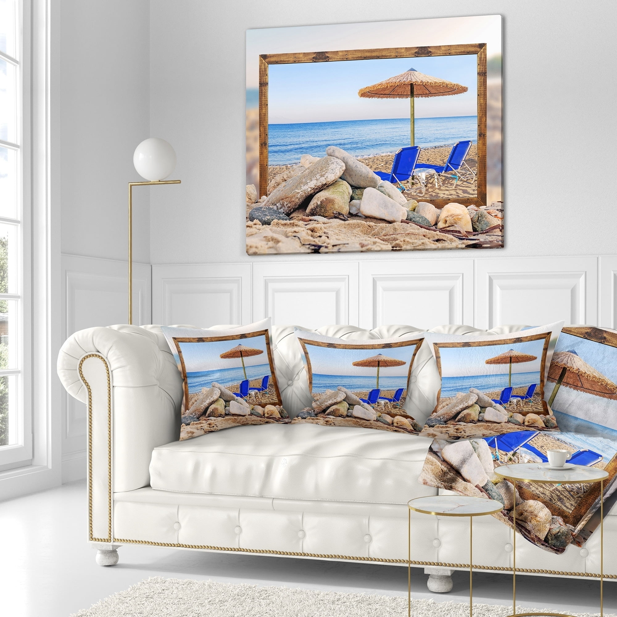 Design Art Designart Framed Effect Beach With Chairs Umbrella Seashore Photo Throw Pillow Walmart Com Walmart Com