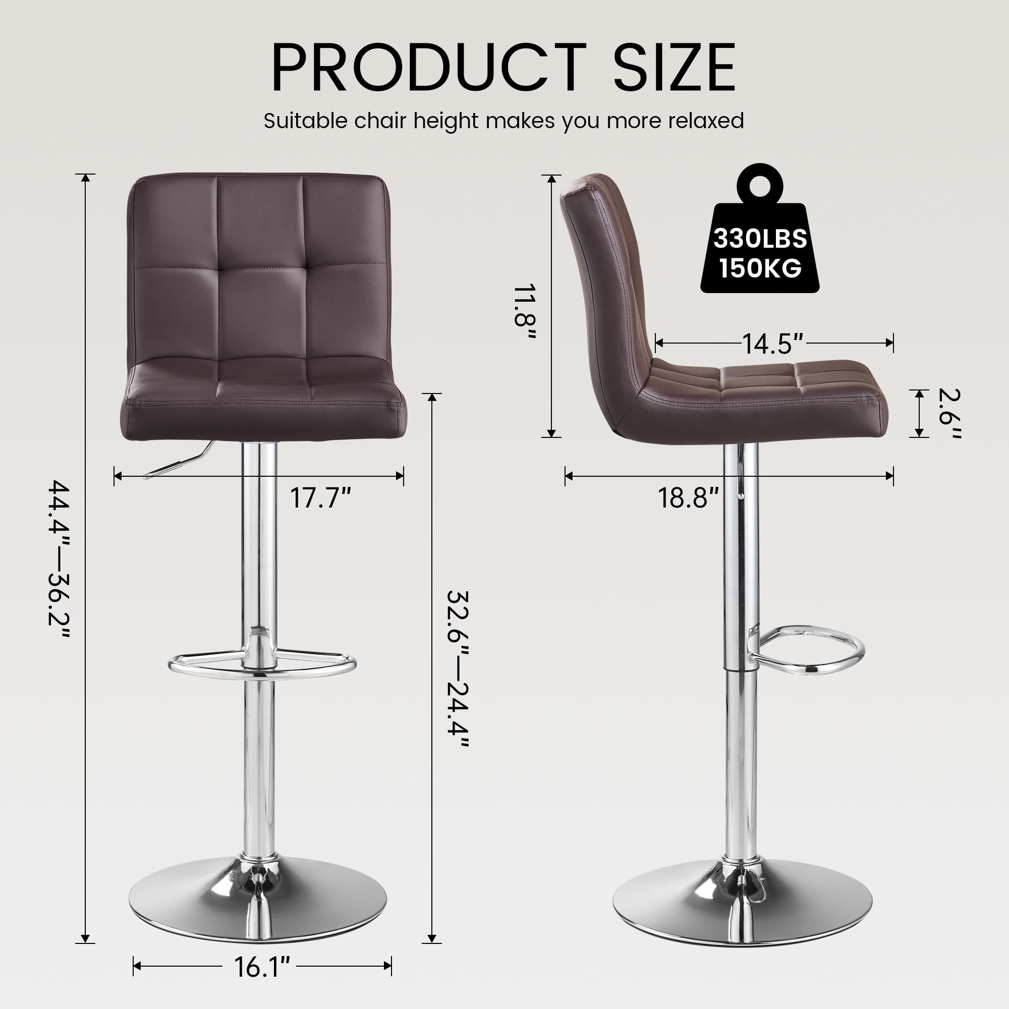 SAETSFEG Bar Stools Set of 2, Thickened Seat Cushion Adjustable Swivel Bar Stool with Backrest, Counter Height PU Leather Bar Chairs for Kitchen Island, Dining Room, Darkbrown
