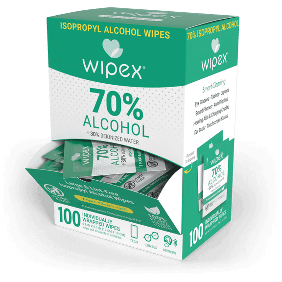 Wipex 70% Isopropyl Alcohol (IPA) All Purpose Cleaning Wipes, Individually Wrapped Surface Wipes in Dispenser Box, 100 Count
