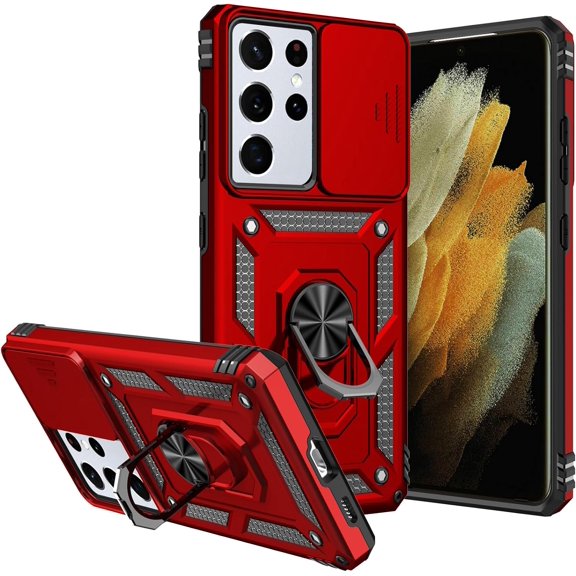 for Galaxy S21 Ultra Case,S21 Ultra Case,with Camera Cover,[Military Grade] 16ft.Drop Tested Cover with Magnetic Kickstand Protective Case for Galaxy S21 Ultra 6.8 inch, Red