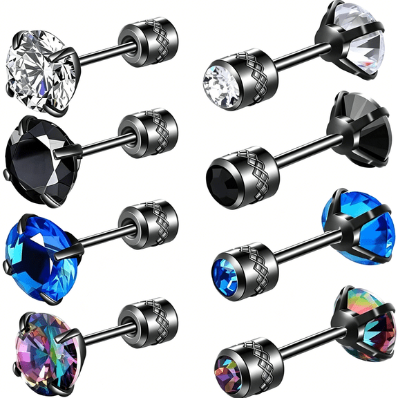 DESIGNICE 4 Pairs Titanium Screw Back Surgical Stainless Steel Earrings for Women Men,Rainbow 5A Cubic Zirconia Studs Double Side Earrings Piercing Sleeper Jewelry 6Mm