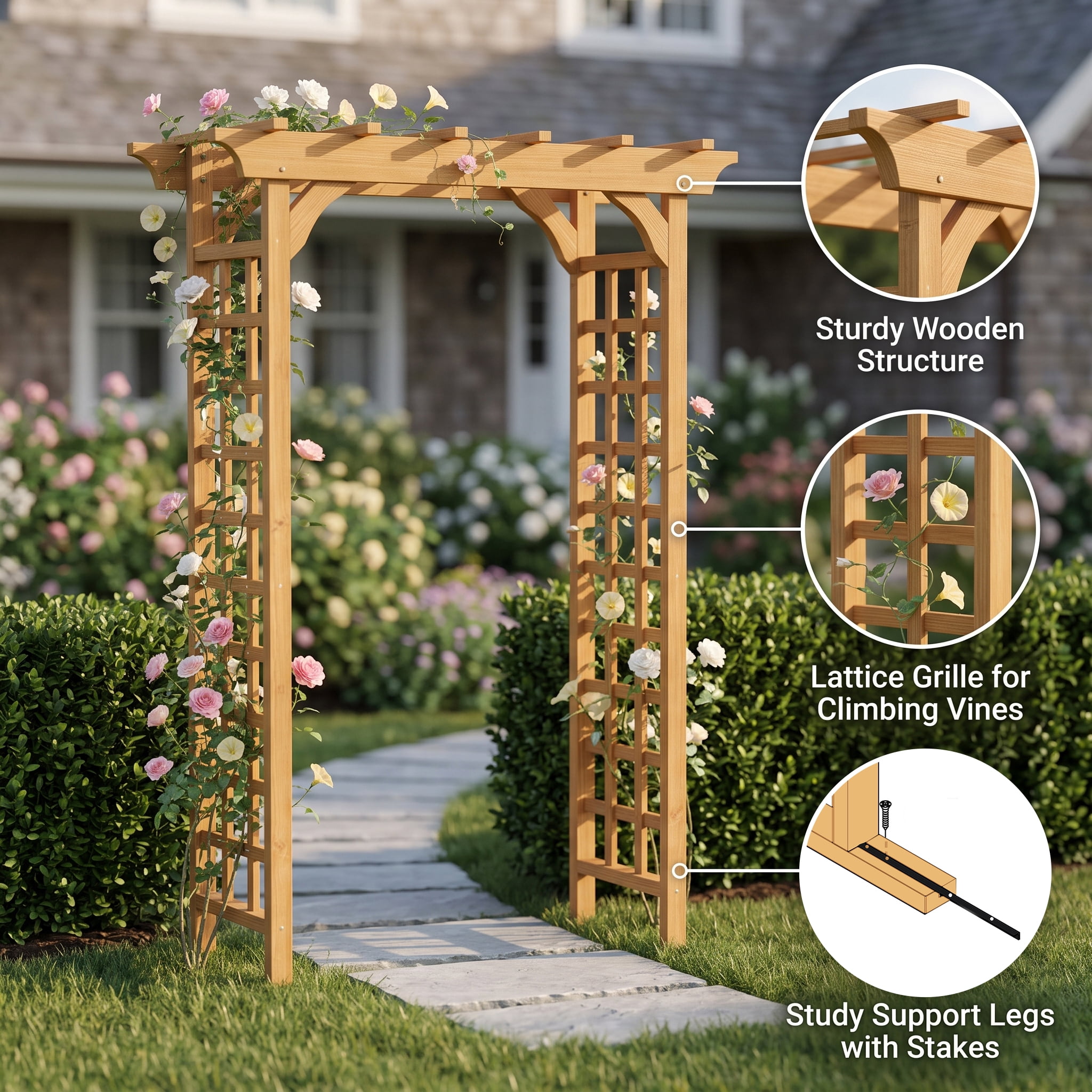 Wooden Garden Arbor with Lattice Trellis Pergola Top Outdoor Wedding Backdrop Plant Climbing Support