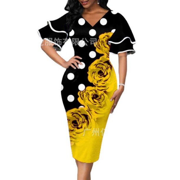 2022 Summer Elegant Fashion Oversized Vintage Print V-neck Double Layer Flare Sleeve Pencil Dress Women Party Bodycon DressesXXL Gao Jinjia LED