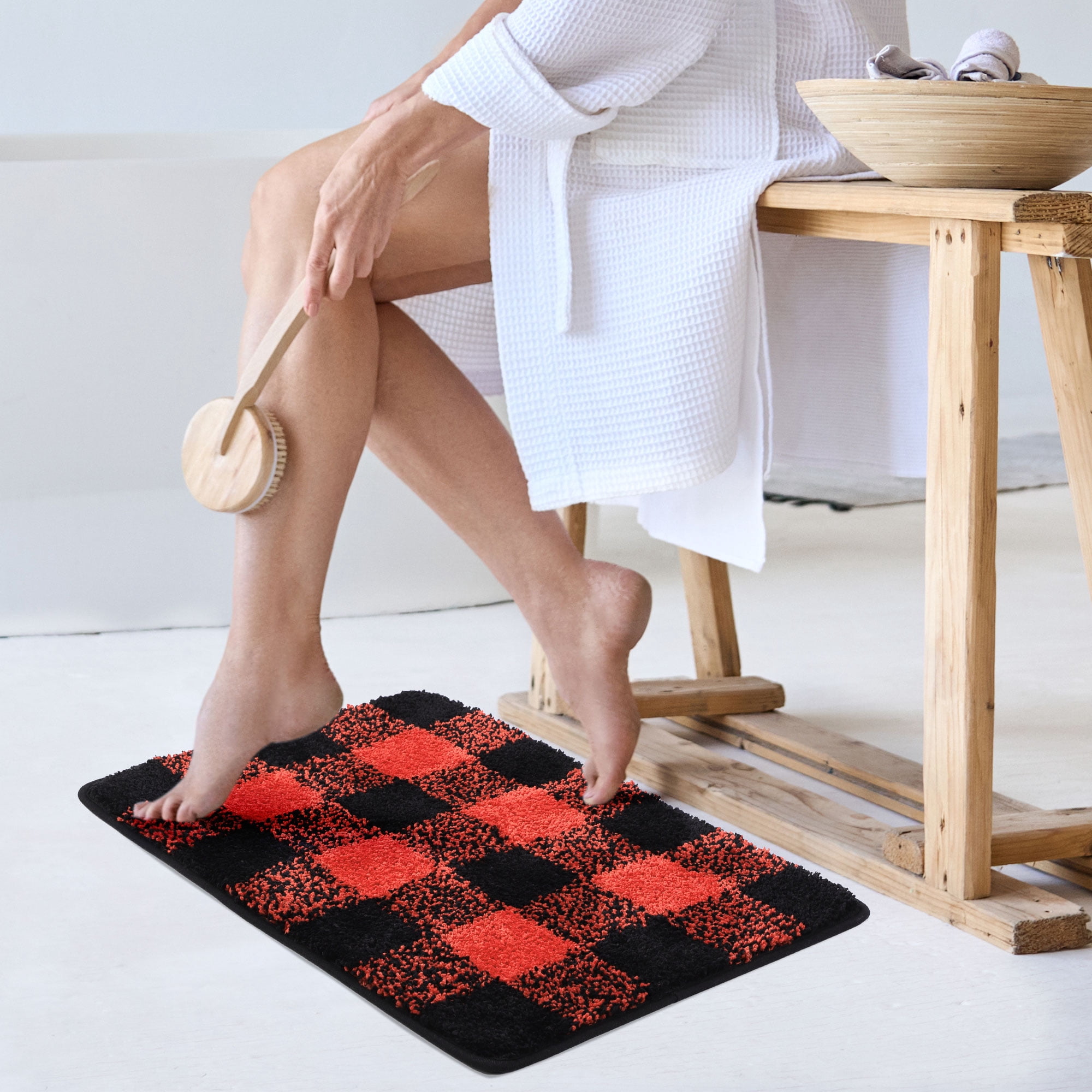 Unique Bargains Soft Microfiber Plaid Bathroom Rugs Black & Red 17"x24"