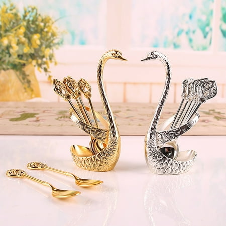

Qianha Mall Cutlery Spoon Set Creative Shape Bright Color Rustproof Corrosion Resistant Polished Surface Mixing Stirring Spoon with Swan Shaped Storage Holder Kitchen Supplies