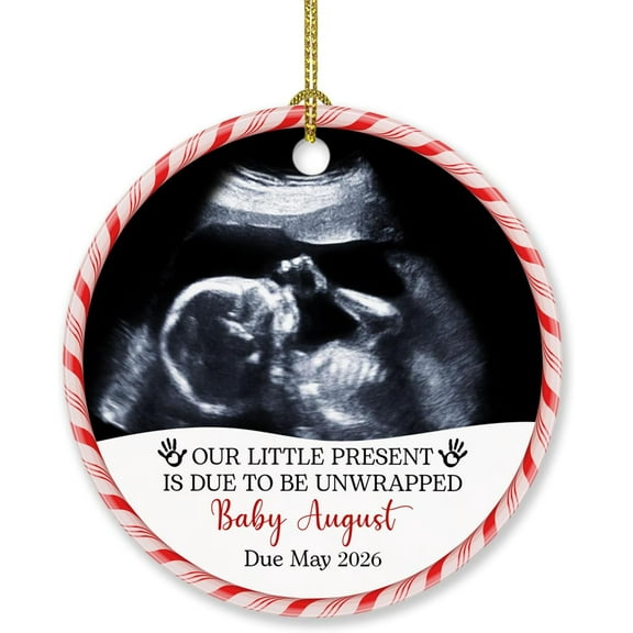 Personalized Our Little Present is Due To Be Unwrapped Christmas Ornament 2025, Custom Name & Year Expecting Baby Christmas Ornaments, Bump's Pregnancy Announcement Baby is Coming 2025 Ornament Gifts
