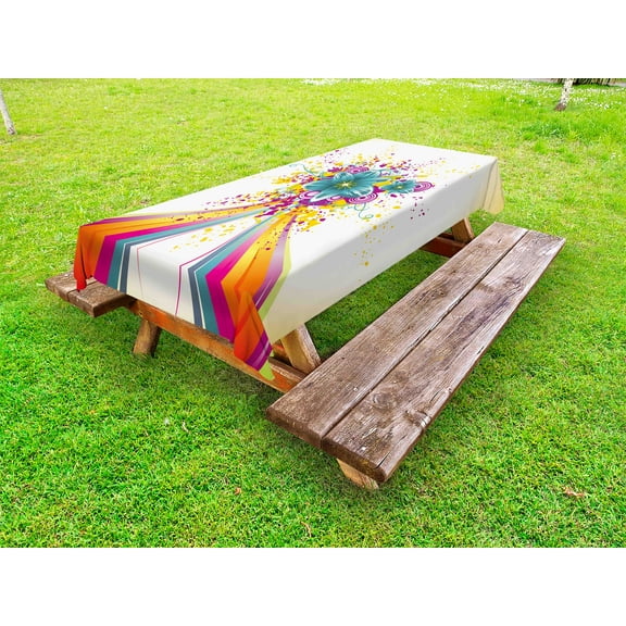 Modern Outdoor Tablecloth, Rainbow Colored Image with Bold Lines and Flowers Buds Blossoms Ivy Artwork Print, Decorative Washable Fabric Picnic Tablecloth, 58 X 104 Inches, Multicolor, by Ambesonne