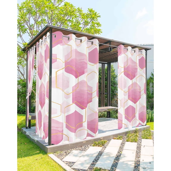 nqOlkjepod Outdoor Curtains for Patio Waterproof, Pink Geometric Outdoor Privacy Panels Grommet, Gold White Hexagon Modern Gradient Blackout Outside Curtains for Porch/Cabana 54"x108", 1 Panel