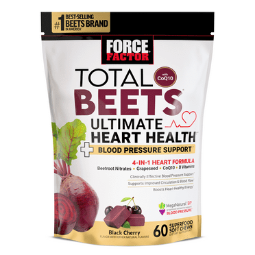 Total Beets Ultimate Heart Health Chews for Blood Pressure Support, with Beetroot Powder, CoQ10, B Vitamins & Grapeseed Extract for Blood Flow & Energy, Black Cherry, 60 Soft Chews by Force Factor