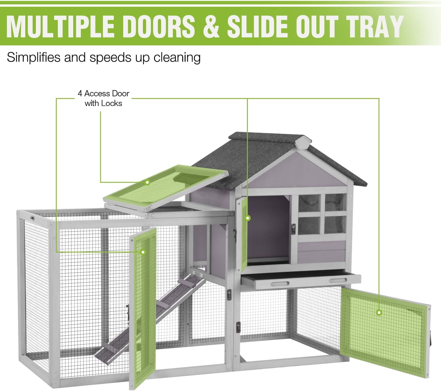 MEDEHOO Large Rabbit Hutch Outdoor 2-Level Wooden Chicken Coop Indoor Weatherproof Bunny Cage Guinea Pig House with Waterproof Roof, Leak-Proof Pull Out Tray, Lockable Door for Small Animals (Grey)
