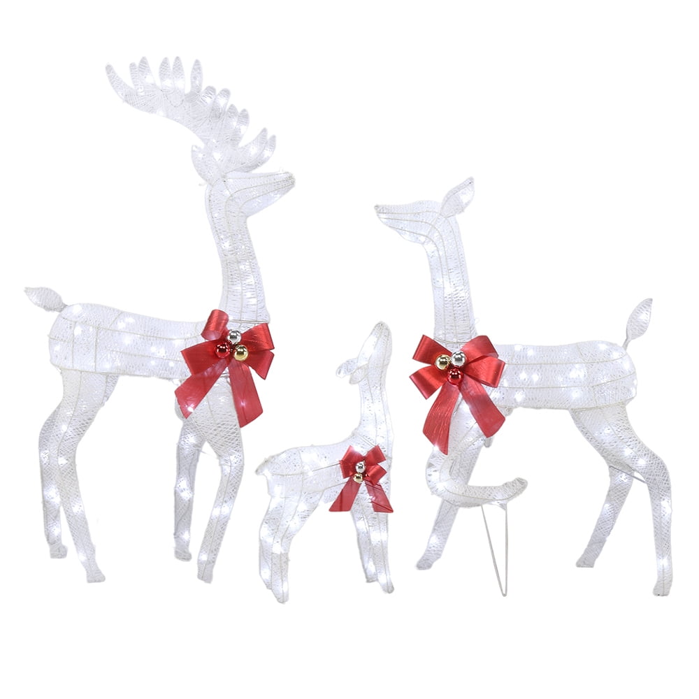 3Pcs Family Elk White Iron Frame Cotton Thread Green Onion Powder Courtyard Elk Decoration, 54*20*122cm 30.00V 3.60W