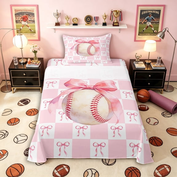 Erosebridal Pink Bow Baseball Twin Sheet Sets 3pcs for Kids Girls,Geometric Plaid Bedding for Teens Female Women,Lightweight Room Decor