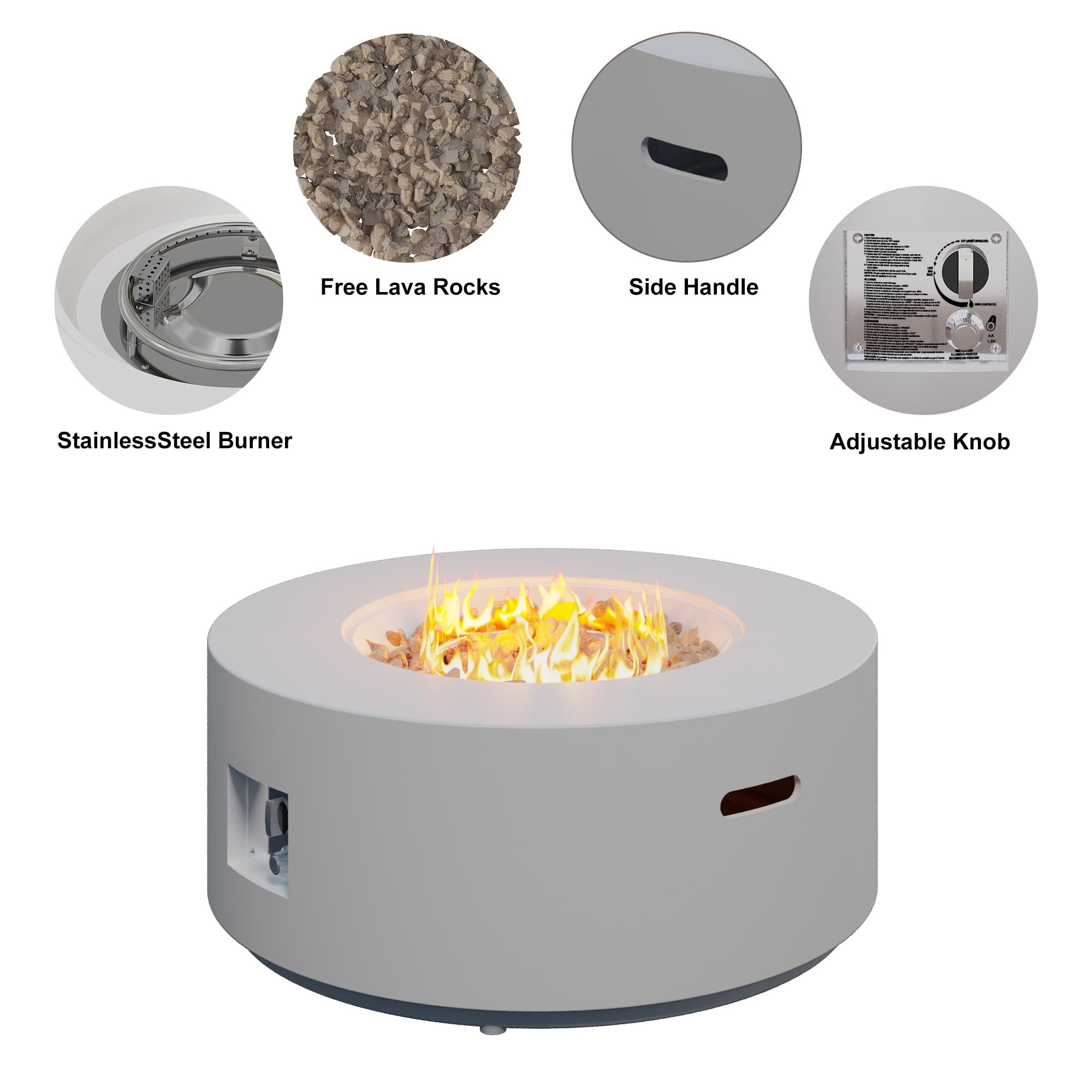HongTaoK 32.5" Round Propane Fire Pit Portable Gray 50K BTU Outdoor with Lava Rocks, Preservative, White