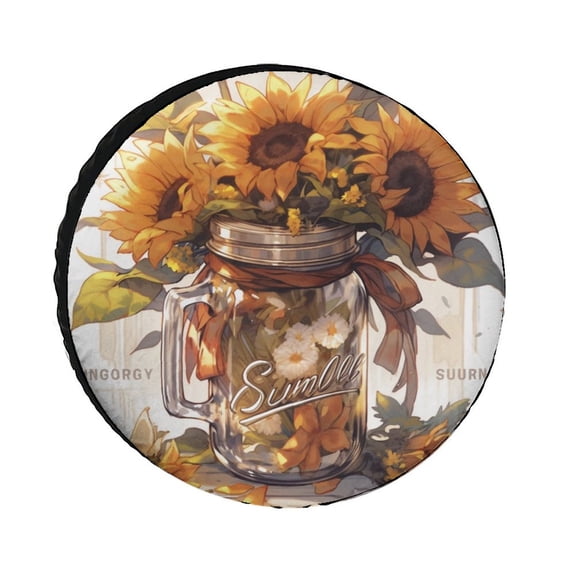 Camper Spare Tire Cover 12inch Mason Jar Sunflower Wheel Tire Cover Waterproof Sun Protection Sunflowers Summer Flower for Trailer SUV Truck Camper Travel Trailer Accessories