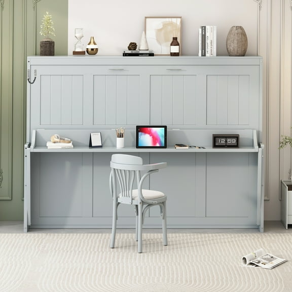 Generic Queen Size Murphy Bed with Hydraulic Lift & Desk Design, Gray