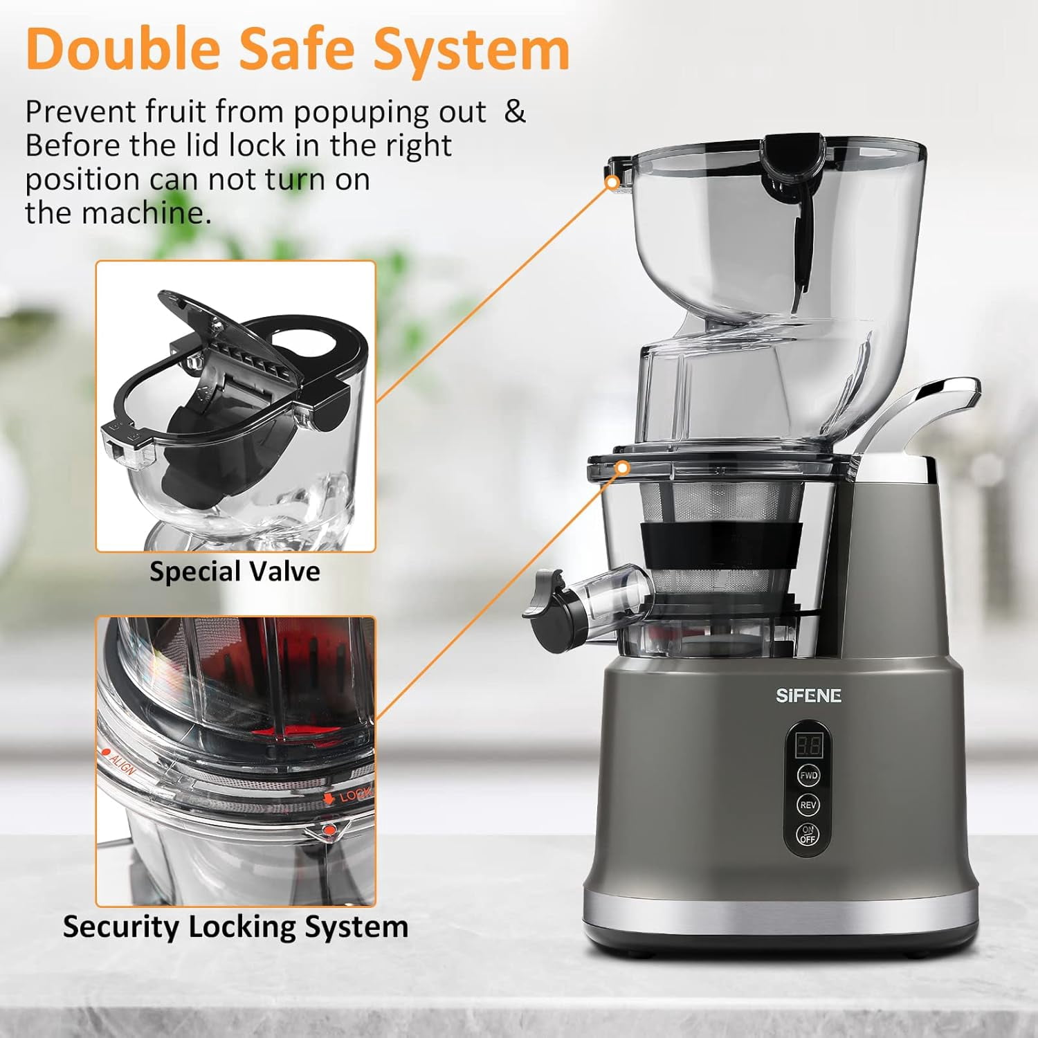 SiFENE Cold Press Juicer Machine, 200W Masticating Juicer with Wide Feed Chute, Easy to Clean, High Juice Yield, Quiet Operation, Slow Juicer for Fruits & Vegetables, Countertop Use, Gray