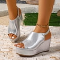 thumbnail image 2 of Rokment Women's Platform Wedge Gladiator Dressy Sandals Fashion Casual Metallic Leather Peep Toe Chunky High Heels Elastic Slingback Summer Shoes for Ladies Silver Size 6.5, 2 of 8