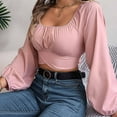 thumbnail image 4 of Titcea Tops for Women Trendy Lantern Sleeve Waist Chiffon Round Neck Long Sleeve Blouses Cute Sexy Casual Shirts, 4 of 8