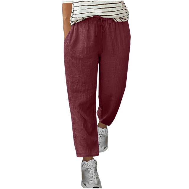 JIUKE Womens Cotton Linen Pants Drawstring High Waisted Lounge Pants Straight Leg Ankle Length Trousers