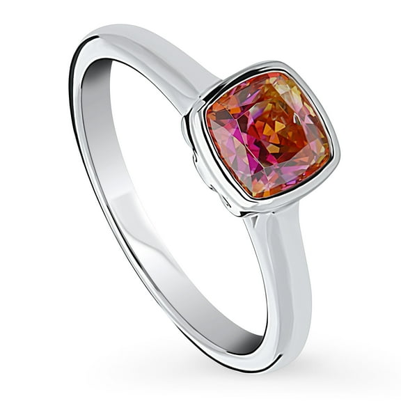BERRICLE Sterling Silver Solitaire Red Orange Bezel Set Cushion Cut Cubic Zirconia CZ Kaleidoscope Fashion Ring for Women, Rhodium Plated 1.25 Carat Size 4