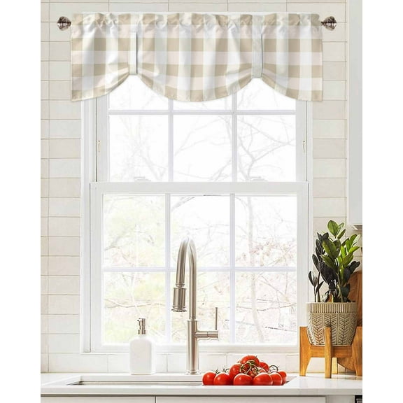 Tie Up Valance Curtain for Kitchen,Khaki Buffalo Plaid Rod Pocket Short Curtains Adjustable Tie-Up Shade Valances,Light Brown White Checkered Window Treatment for Bathroom Living Room Bedroom