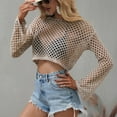 thumbnail image 4 of Defitshape Women's Long Sleeve Crochet Cover Up Shirt Short Knitwear Boat Neck Bell Sleeve See Through Fishnet Cutout Beach Summer Net Knit Crop Top Khaki X-Large, 4 of 4