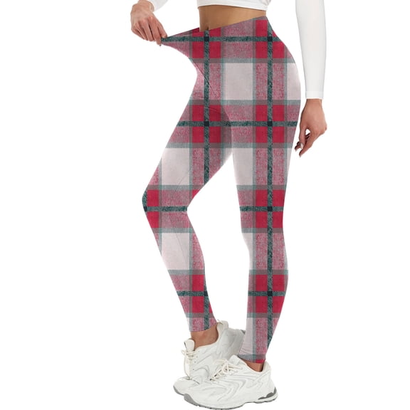 FNFYFH Women's Plaid Leggings High Waisted No See Through Skinny Pants Tummy Control Cycling Workout Yoga Pants