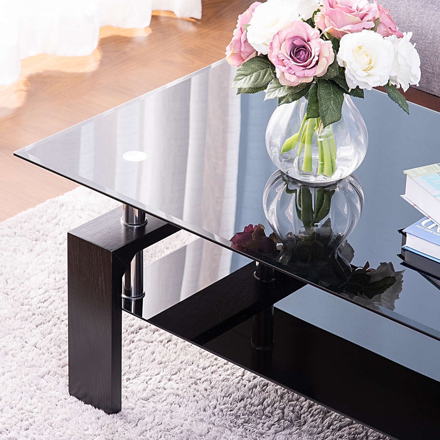 Rectangle Glass Coffee Table, Modern Side Center Table with Shelf & Wood Legs, Mid-Century Tempered Glass Top Tea Table for Living Room, Home Furniture Cocktail Coffee Table - Black, B1257 - image 4 of 8