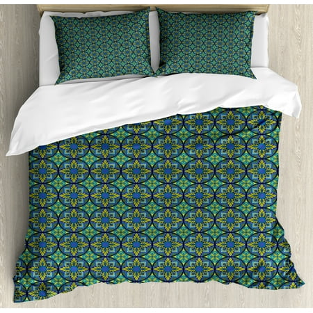 Cobalt 3 Light - Vintage Queen Size Duvet Cover Set, Western Culture Inspired Artistic Mosaic Floral Tiles Pattern, Decorative 3 Piece Bedding Set with 2 Pillow Shams, Cobalt Blue Apple Green Teal, by Ambesonne
