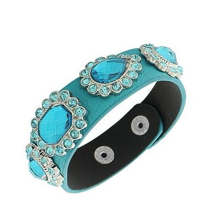 - Faux Blue Leather Silver-Tone CZ Snap Wristband Womens Bangle Bracelet