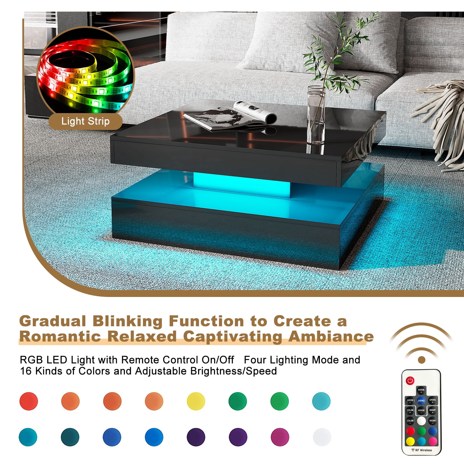 Hironpal Sturdy LED Coffee Table, 2-Tier Square Coffee Table High Gloss Minimalist Design with Plug-in 16-Color LED Light for Home Office Reception Room, Black
