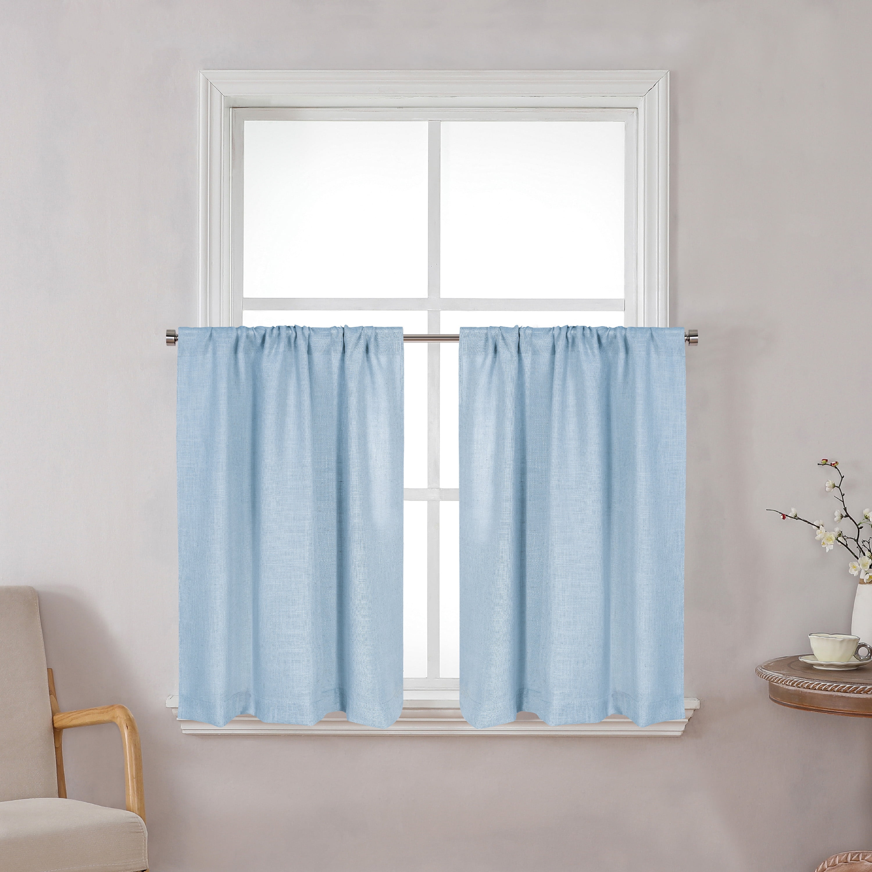 Better Homes & Gardens Linen Blend Light Filtering Rod Pocket Kitchen Curtain Tier and Valance Set, 3-Piece, Blue Water, 60 in x 36 in