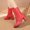 #016-Red, variant on Women's Chunky Heel Ankle Boots - Plus Size Comfortable Mid Heel Boots with Solid Color Design for Fall Winter, British Style Slip on Booties