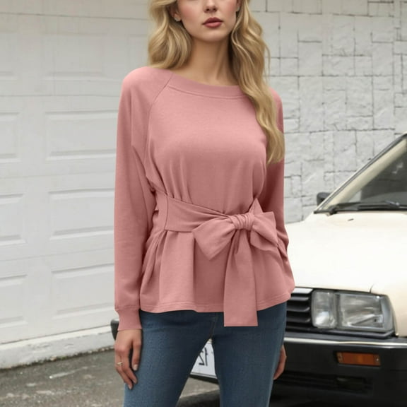 CQONEPT Women's Sweatshirts Tie Front Crewneck Pullover Tops Color Block Raglan Sleeve Tunic Tops Fall Winter Clothes Pink M