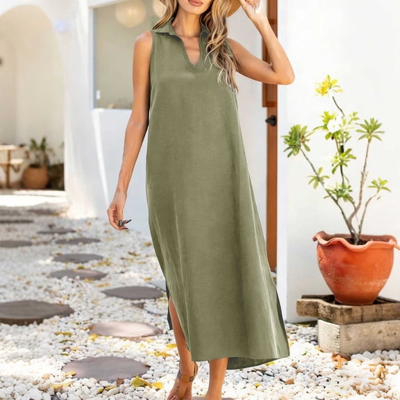 Womens Summer Sleeveless Maxi Dresses Loose Casual V Neck Long Beach Dress Loose Flowy Sundress with Side Split Green XL