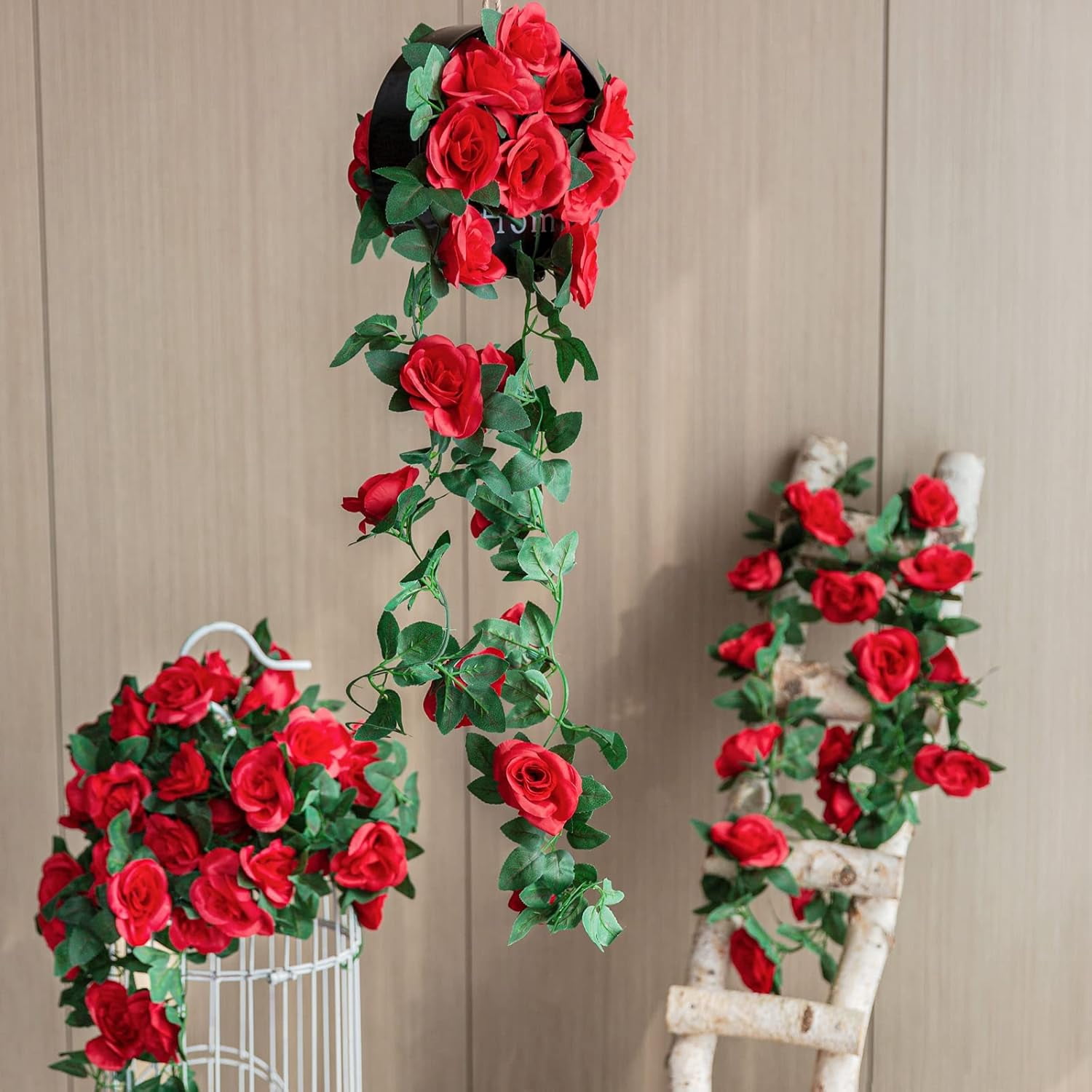 MORTTIC 4 Pack (30FT) Artificial Rose Vine Fake Flowers Garland Hanging Silk Rose Ivy Plants Vine for Mother's Day Wedding Arch Party Garden Wall Aesthetic Art Decor (Red)