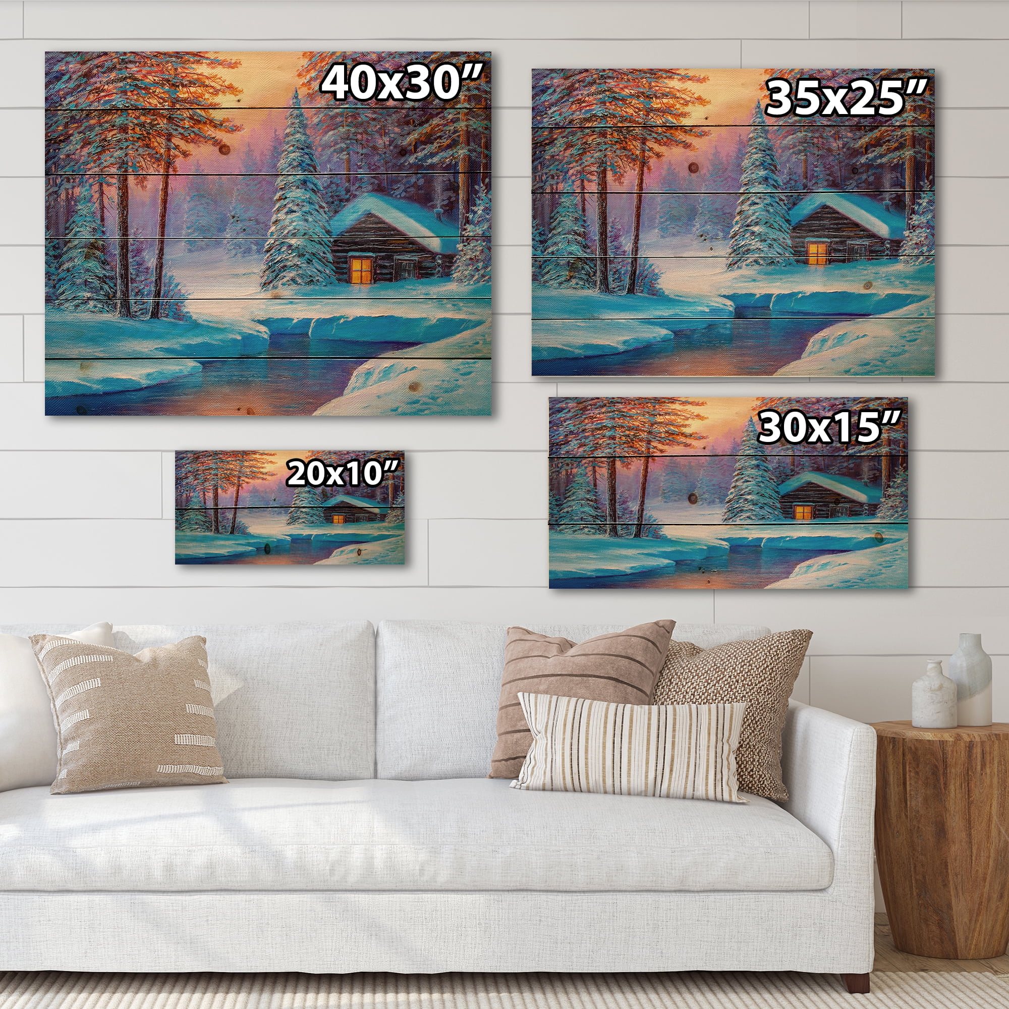 Designart 'Old Cabin In Winter Forest In Evening Glow I' Traditional Print on Natural Pine Wood