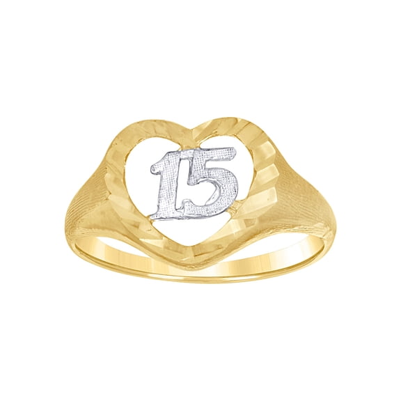 14k Two-tone Gold Womens Love Heart 15 Anos Quinceanera Ring 11.2x2mm Wide Statement Ring for Women