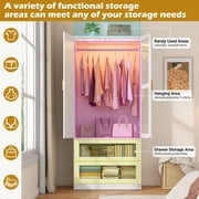 2 Doors Armoire Wardrobe Closet for Bedroom, with Mirror & 2 Drawers & LED Sensor Light, 71 H Wardrobe Closet Cabinet with Hanging Rod, Glass Doors