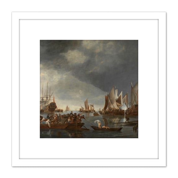 Dubbels Harbor Sailboats Ferryboat 8X8 Inch Square Wooden Framed Wall Art Print Picture with Mount