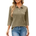 thumbnail image 6 of Womens V Neck 3/4 Sleeve Casual Polo Shirts Collared Button Down Summer Tops Basic Tennis Business T-Shirt Light Brown 3XL, 6 of 6