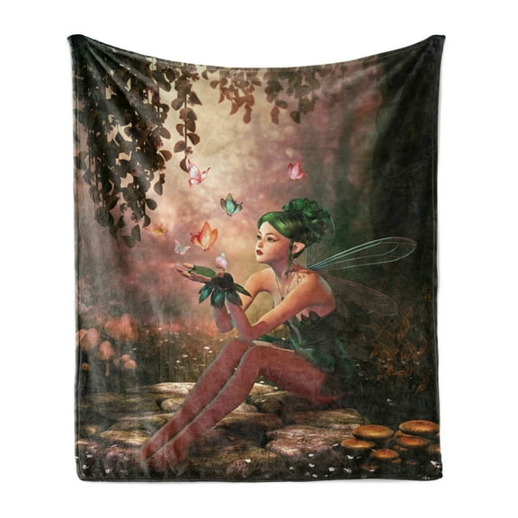 Fairy Soft Flannel Fleece Throw Blanket, Girl Wings and Butterflies Digital Composition Computer Graphics Elven Creature, Cozy Plush for Indoor and Outdoor Use, 50" x 70", Multicolor, by Ambesonne