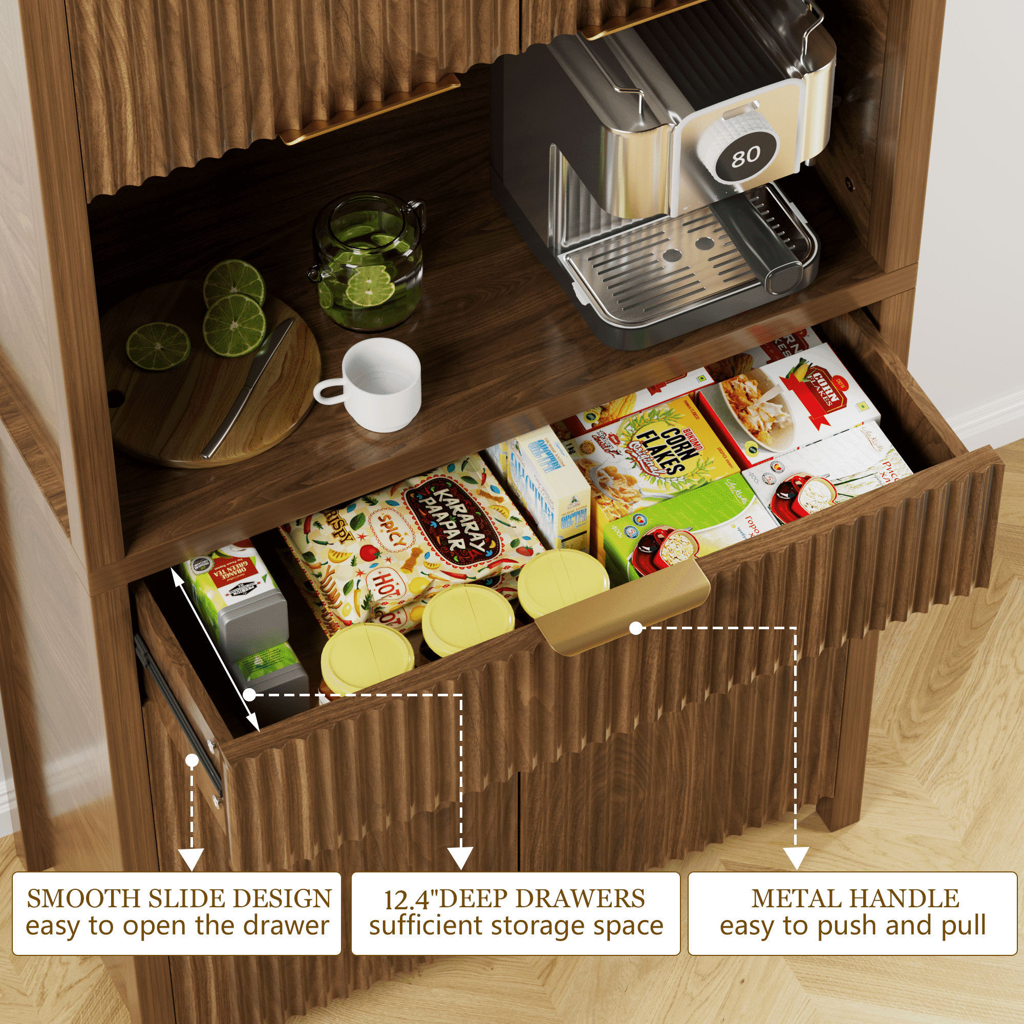 Laintene Kitchen Pantry Cabinet with Charging Station, 71" Tall Pantry Storage with Adjustable Shelves, Fluted Storage Cabinet with Open Countertop and Drawer for Dining Living Room, Walnut