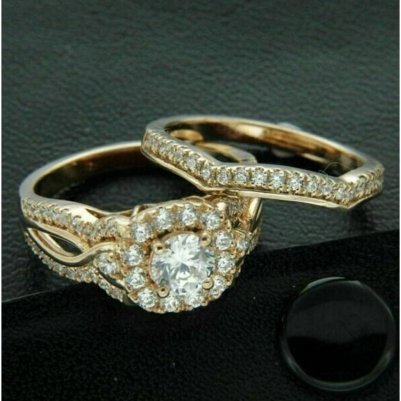 Bluebell Jewels 2 Ct Round Cut CZ Bridal Set Wedding 14K Yellow Gold Finish