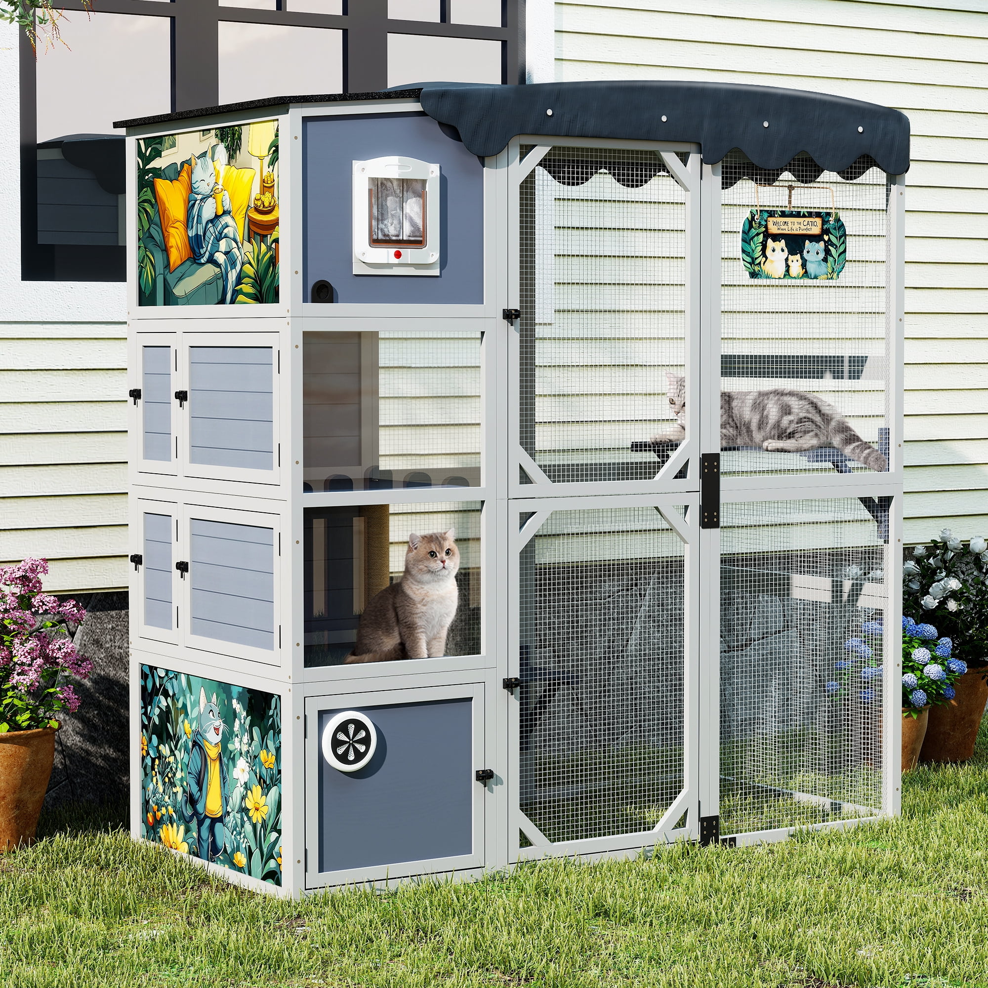 COZIWOW Insulated Outdoor Cat Catio, Large Wood Cat Enclosure with Weatherproof Roof, 2 Resting Rooms, 2 Platforms, 4-Tier Cat Playpen (Grey-Insulated)