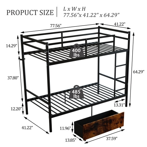 Twin Over Twin Metal Bunk Bed with Ladder, Space Saving, No Box Spring Needed, Black